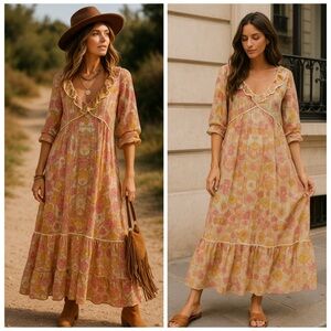 NWT FREE PEOPLE Carmella Ruffle Maxi Dress Tea Combo Medium